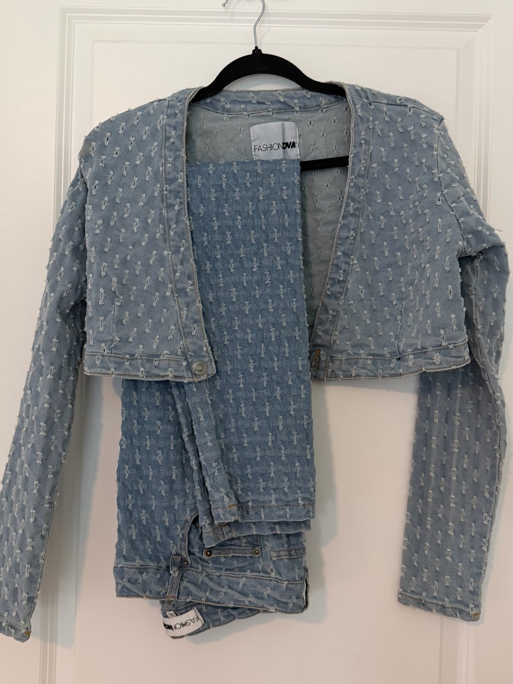 Fashion Nova Light Blue Textured Denim Jacket & Jeans Set